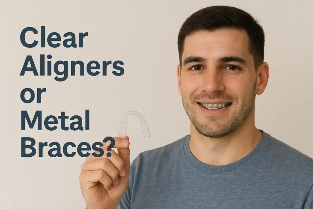 A young man smiling in a dental clinic, showing metal braces on his teeth while holding a clear aligner. The text on the image says “Clear Aligners or Metal Braces?